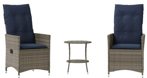 PHGTYUK 3-teiliges Bistro-Set Grau aus Poly Rattan mit verstellbaren Rückenlehnen, dick gepolsterten Kissen und abnehmbaren, waschbaren Bezügen für Garten, Balkon oder Terrasse