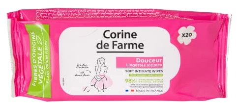 Corine de Farme - Toallitas Intimas Suaves para Mujer - 98% de Origen Natural, con Flor de Almendro - Limpieza, Higiene y Frescor - Uso Diario - x20 Unidades