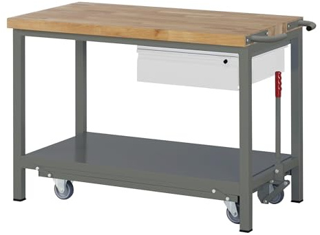 STIER Werkbank Premium, mit abs. Fahrgestell, 1 Schublade, 125x70x88cm, Stahl & Buche