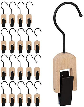 Relaxdays Klemmhaken 5er Set, gummiert, Kleiderklammer mit Haken, für Tücher & Mützen, aus Holz & Eisen, schwarz-Natur