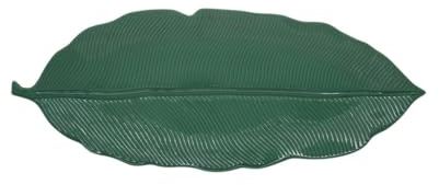 COFFRET PLAT A SERVIR 39X16CM FORME FEUILLE BANANIER EN PORCELAINE VERT FONCE