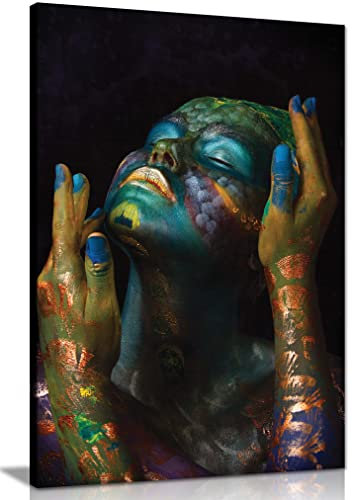 Panther Print Fine Art Prints Woman in Metallic Blue & Green Face & Body Paint Portrait Artistic Framed Canvas Print, Pictures for Home Walls, Bedroom, Living Room & Bathroom Decor 46x31cm (18x12in)