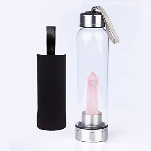 Healing Crystal Water Bottle 550Ml Glass Gemstone Drink Bottle Portable Quartz Gem Stones Bottle Obsidian Water Bottle Removable Natural Crystal (Color : Pink Crystal, Size : With Cup Cover)