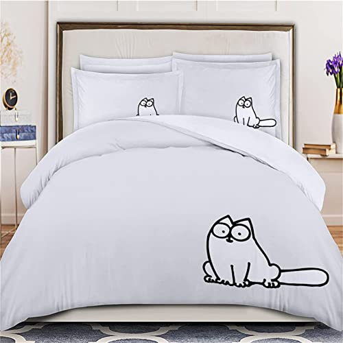TMMDH Bettwäsche 140x200 weiße Cartoon-Katze Bettwäsche Set+2 80x80 cm Kissenbezug Reißverschluss,Weich Betten Set Für Jugendliche Kinder Schlafzimmer Dekor