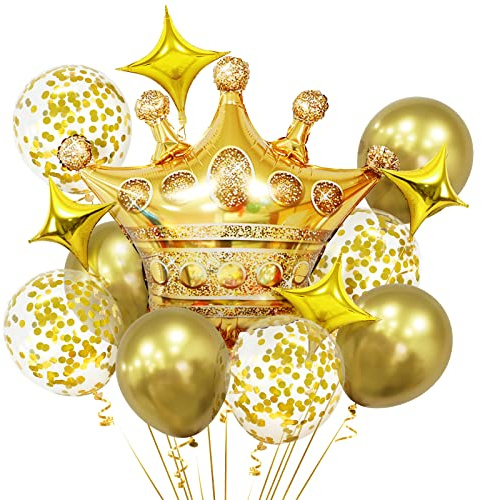 Crown Balloons Decorations - 13 Large Gold Crown Foil Balloons with Stars, Metallic Confetti for Princess Birthday Party, Baby Shower & Wedding