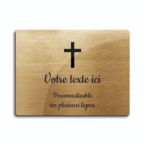 Plaque gravée funéraire motif Croix Chrétienne autocollante modèle rectangle (20x15 cm) personnalisée 1 à 3 lignes Or Brossé