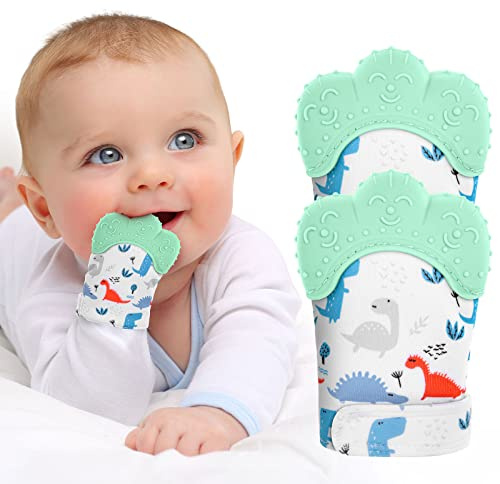 2Pack Silicone Teething Mitt, Soothing Infant Teething Mitten Pain Relief, Prevent Scratches Glove, Safe Silicone Teething Toys for 0-12 Months