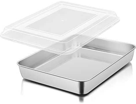 Herogo Teglia da forno profonda con coperchio, 31 x 24 x 5 cm, in acciaio inox, rettangolare, adatta per torte, lasagna, finitura a specchio e lavabile in lavastoviglie