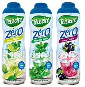 Lot de 3 sirops Teisseire Zéro Sucres (Mojito, Menthe, Cassis) pour Boisson Rafraîchissante, Cocktails, Bidon Recyclable 3x60cl