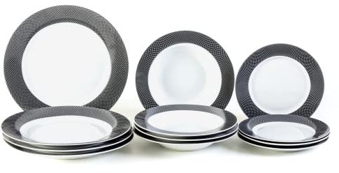 Deagourmet Saturno Set Piatti da Tavola 12 Pezzi, Piatto Fondo, Piatto Piano E Piattino Per Frutta/Dessert In Porcellana Bianca con una Decorazione Nera a Intreccio sul Bordo dei Piatti