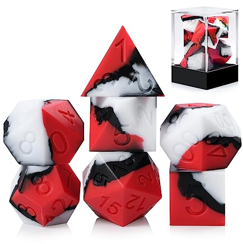 DNDND - Set di 7 dadi D&D in silicone con custodia in plastica trasparente, per giochi di ruolo e giochi da tavolo (rosso, nero, bianco