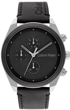 Calvin Klein Orologio Analogico Multifunzione al Quarzo da Uomo Collezione IMPACT con Cinturino in Pelle Nero - 25200364