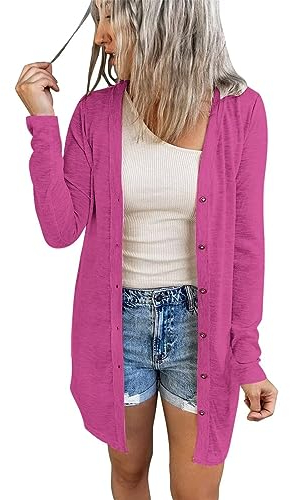 JOCAFIYE Damen Lässig Cardigan Langarm Einfarbig Longshirt Lose Leichte Dünne Lang Strickjacke Rose M