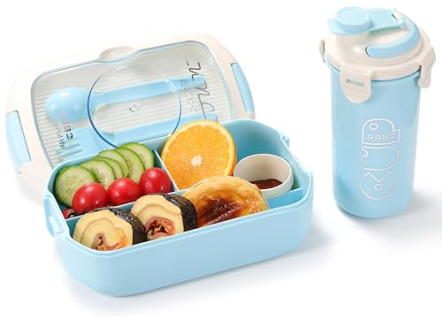 Meider Bento Box Sets, Bento Box for Kids and Adults, Reusable Meal Prep Containers with Fork,Spoon and 450ml Cup (with Cup, Blue)