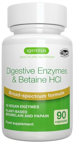 Schnell wirkender Verdauungsenzyme Komplex mit Betain HCl & Bromelain, 10 vegane Enzyme mit Papain & Lipase, umfassende Verdauungshilfe, hypoallergen, 90 Kapseln, von Igennus