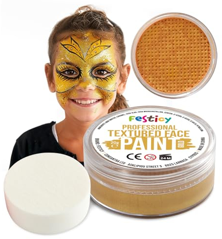 Festicy Premium Pittura per viso I 20g colori per il viso e corpo ed una spugna I face paint trucchi da viso per travestimenti, per Carnevale e Halloween, truccabimbi per bambini ed adulti (Oro)