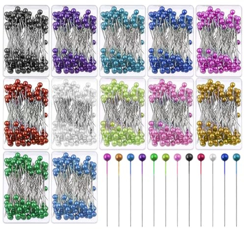 Glarks 1200 spilli da cucito dritti da 3,8 cm, spilli dritti con teste colorate 12 colori teste a sfera perlate spilli per quilting per sarta, gioielli decorazione fai da te