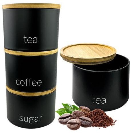 Black Set of 3 Tea Coffee Sugar Canisters Pots Stackable Food Storage Container Jars Tin Sugar