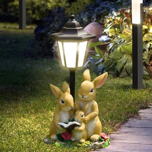 OKESYO Solar Hase Gartenfiguren für Außen mit Solar Lantern, Wetterfest Hase Solarlampe Gartenstatuen Gartendeko, Geschenk für Haus, Hof, Rasen, Balkon Dekoration