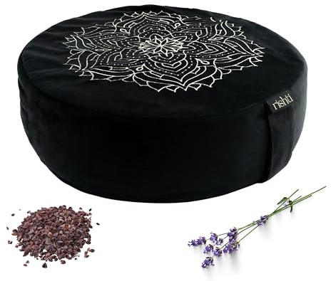 Rishti Cojín de meditación bordado de terciopelo negro, relleno de trigo sarraceno de 5 x 15 pulgadas, relleno de espuma extraíble, ideal para yoga, alivio del estrés, atención plena y vida holística