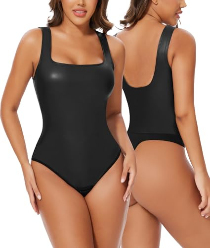 SHAPERIN Kvinnor Shapewear Body Shaper Kvadratisk Halsring/Djup V-Ringning Shapewear Bodysuit String Body Shaper Smal Tank Tank, Svart, XL
