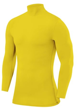 PowerLayer Tee Shirt Compression Homme - T Shirt Compression Homme Manches Longues pour Football Running - Tshirt de Sport avec Col Rond Montant - Jaune, XL