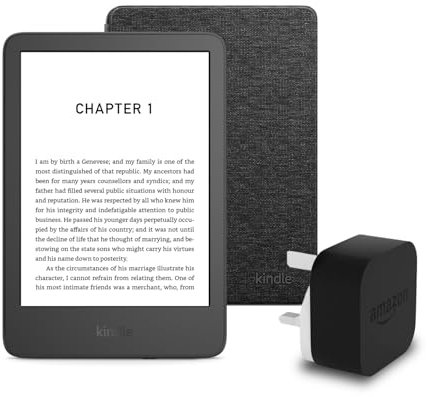 Kindle (2024 Release) 16 GB with ads, an Amazon Fabric Cover and an Amazon Powerfast 9W Power Adapter