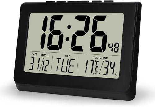 Lafocuse 10 Reloj de Pared Digital LCD Pantalla Grande, Silencioso Reloj Digital Pilas de Sobremesa con Temperatura, Humedad, Fecha, Alarma, Snooze, 12/24 Horas, para Salon Cocina Oficina, Negro