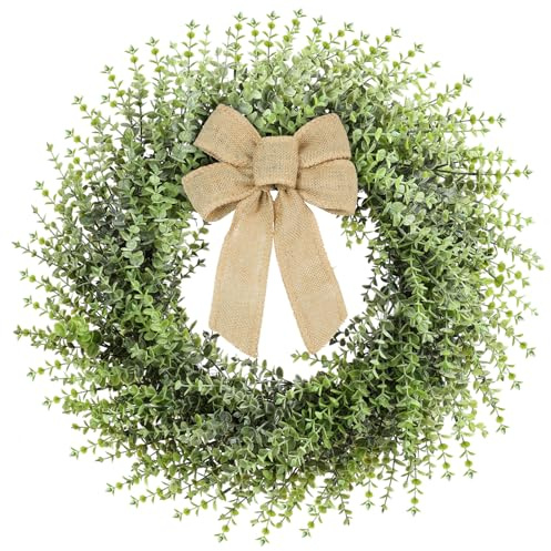 24inch Boxwood Wreaths for Front Door,Spring Summer Wreaths,Boxwood Wreaths with 1 Burlap Bow for Wedding or Daily Decor, All Seasons for Front Door,Back Door,Indoor, Outdoor Wreath(24inch)