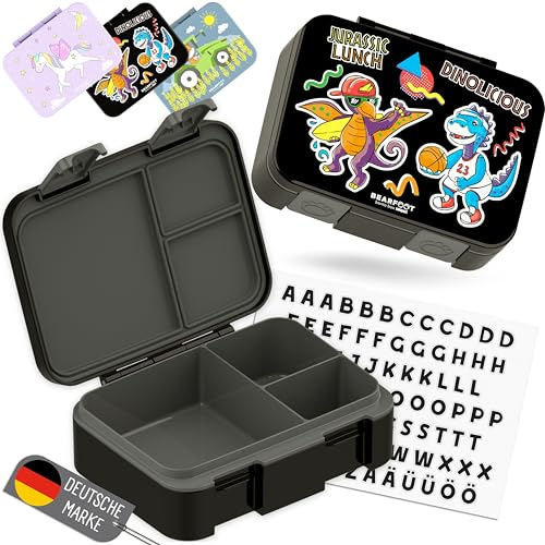 BEARFOOT Kompakt lunchlåda, lunchlåda för barn, bentolåda, BPA-fri, skolmatlåda med fack, lätt och lufttät för barn och flickor (svart dinosaurie, 650 ml)