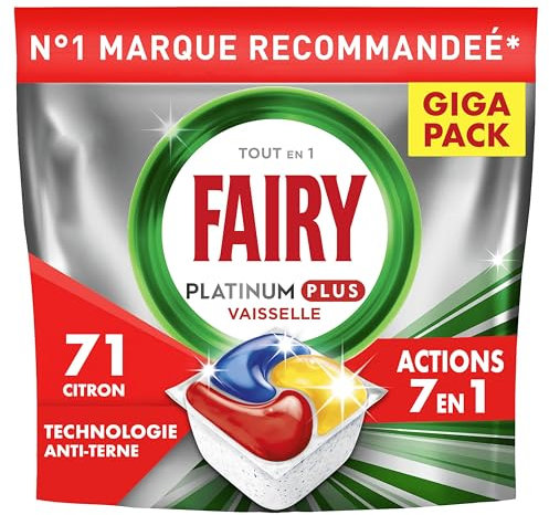 Fairy Platinum Plus Tablettes Lave-vaisselle Tout-en-1, 71 Tablettes, Parfum Citron, Technologie Anti-Terne, Redonne l'Éclat, Prévient le Calcaire, Système Pré-Lavage Intégré, Efficace en Cycle Court