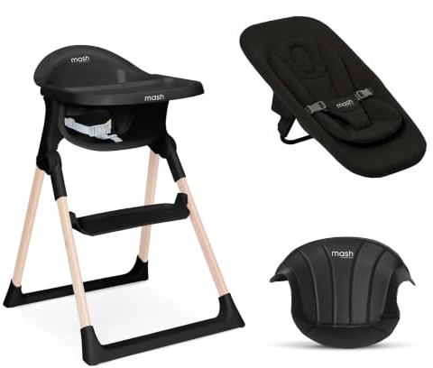 Mash High Chair Bundle by Baby Elegance | Includes Newborn Seat (0-6 Months), Toddler Seat (6+ Months) & Black Cushion | Adjustable Black High Chair for Babies & Toddlers