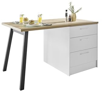 TURIN Kücheninsel freistehend in Weiß und Artisan Eiche 150 x 91 x 90 cm | Geräumige Kochinsel mit Arbeitsplatte, 3 Schubladen, 2 Türen, Metall-Bügelgriffe, viel Stauraum, moderne Optik