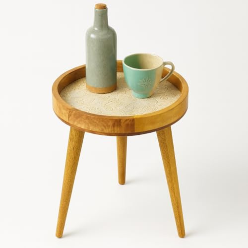 Hartsmede Mango Wood Side Table 38cm – Handmade Accent with Resin-Coated Enamel Top, Detachable Legs, Lightweight Round Coffee End or Bedside Table for Living Room or Bedroom (Ivory 18)