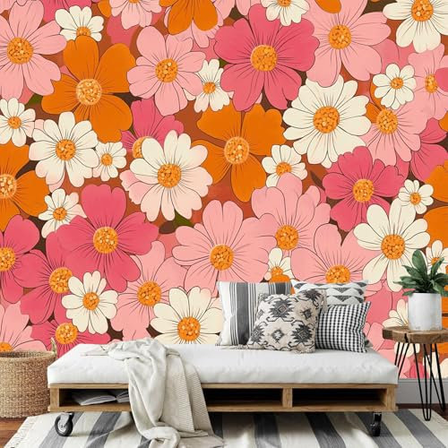 DLERFLOVR Mural Papier Peint Fleur De Marguerite Fond Papier Murale Fleurs Des Années 70 Papiers Peints Panoramique pour Salle de séjour Chambre à coucher séjour Décoration