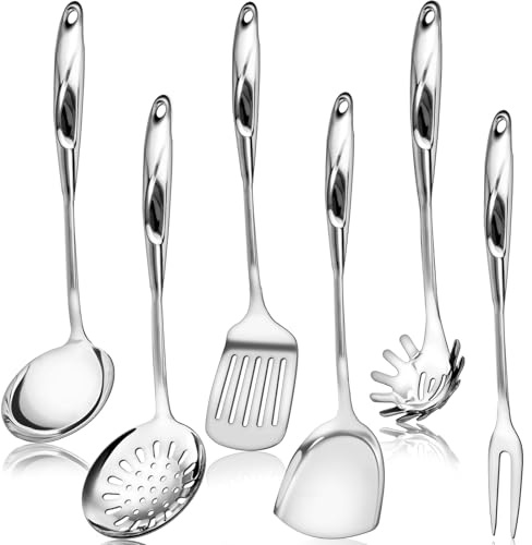 Stainless Steel Frying Pans and Cooking Utensils Set - 6 Piece Kitchen Utensils Set, One Piece Seamless Handle Stainless Steel Utensils with Hanging Hole, Frying Pans