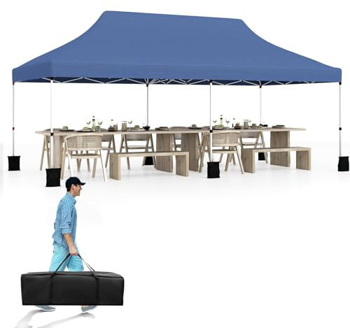 HOMASIS Gazebo Pieghevole Esterno Resistente con Tetto a Scomparsa, Protezione UV 50+, Tenda Regolabile in Altezza, Padiglione da Giardino con Borsa per Matrimonio, Festa, 3x6M (Blu)