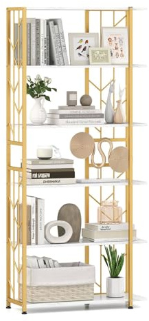 SFAREST 4/5/6-Tier Bookshelf(Gold+White,80 x 31 x 180cm) | Freestanding Storage Display Rack Unit with Heavy-duty Metal Frame & 2 Anti-tipping Kits, Wooden Bookcase for Home Office