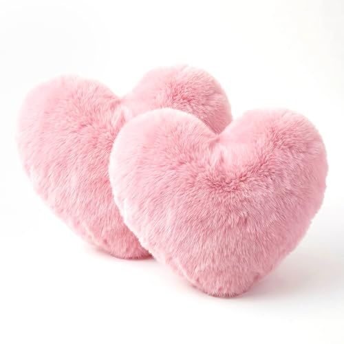 Kuleyang 2 Pack Pink Heart Cushions, Soft Fluffy Heart Shaped Throw Pillows, Faux Fur Decorative Cushions for Bed Sofa Chair, Cute Bedroom Living Room Decor, Valentine Gift