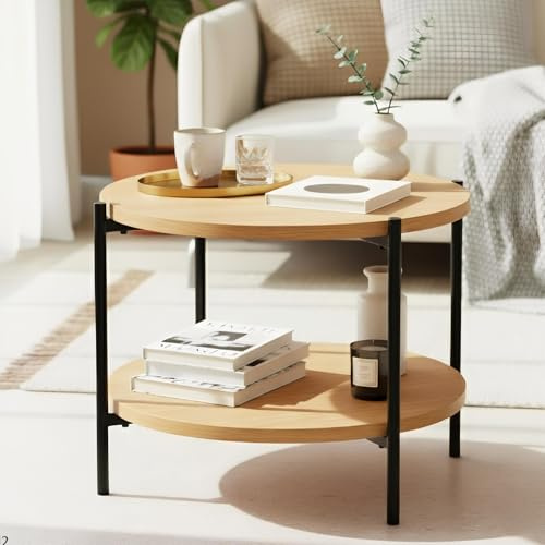 CLP Couchtisch rund Holz Edduma, Sofatisch 2 Ebenen mit Stauraum, Beistelltisch klein Metallgestell schwarz, Farbe:Natur, Größe:Ø 50 cm