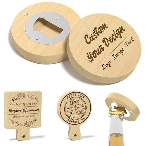 10 abrebotellas magnético personalizado para nevera, 3 en 1, grabado con láser, abrebotellas de cerveza de madera decorativo con logotipo/texto para bar, refrescos, fiestas, regalos de boda (redondo)