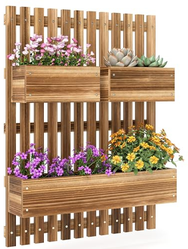 Outsunny Jardinera de Pared con Enrejado, Jardinera Exterior Grande de Madera con 3 Macetas Móviles y Orificio de Drenaje, para Exterior, Jardín, Terraza, Patio, 60x16x80 cm, Carbonizado