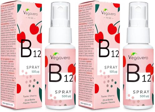 Vitamine B12 Spray Vegavero® | 500 mcg | Avec Méthylcobalamine : Forme BIOACTIVE & NATURELLE | Absorption immédiate | Anti-Fatigue + Énergie* | Goût Cerise | VEGAN (Lot de 2)