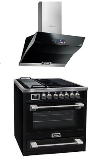 Kaiser stående spis, set 90 cm HC 93691 IS+AT 9343 grillplatta • Elektrisk stående spis induktion 5 zoner fri zon • XXL ugn 115 l roterande spett • Svart • Ugn 90 cm TFT-display 1250 m³/h