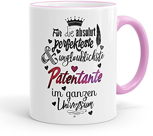 FunTasstic Keramiktasse Patentante rosa/weiß - weiße Keramiktasse für beste Patentante mit Spruch - bedruckte Kaffeetasse Patentante - Teetasse rosa mit Spruch - Geschenk Kaffeebecher für Patentante
