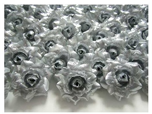 ICRAFY 24 Silk Silver Roses Flower Head - 1.75 - Artificial Flowers Heads Fabric Floral Supplies Wholesale Lot for Wedding Flowers Accessories Make Bridal Hair Clips Headbands Dress