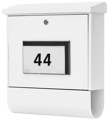 Burg-tvättare Solar-brevlåda med tidningsrulle, belyst hemnummerfält, A4 Inkastningsformat, EU standard EN 13724, ytförzinkad, stål, Malaga 4400 W Sol-brevlåda Vit