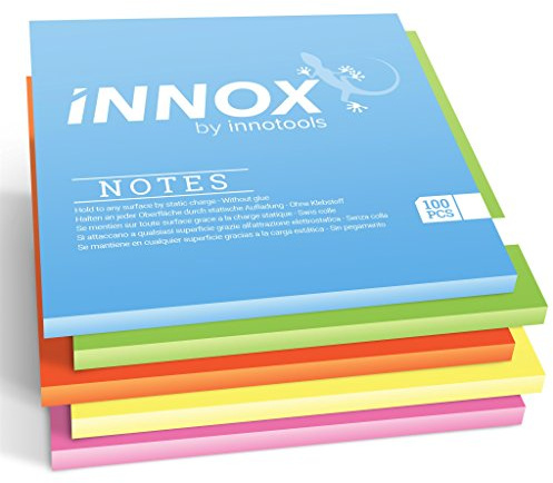 INNOX Elektrostatisch Selbstklebende Haftnotiz, Bunt, 10x10 cm, 500 Blatt | für alle Oberflächen, Innovative Sticky Magnetic Notes ohne Klebstoff