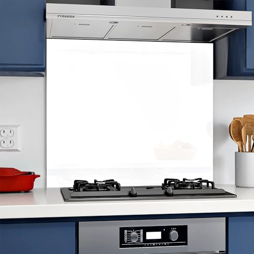 BELOFAY 6mm Tempered Glass Splashback for Kitchen, 6mm Toughened Glass Heat Resistant Splashbacks for Cookers (70X90, White)