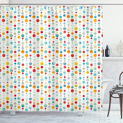 ABAKUHAUS Abstrakt Duschvorhang, Bunte große Punkte, Stoffliches Gewebe Badezimmerdekorationsset mit Haken, 175 x 180 cm, Orange Türkis